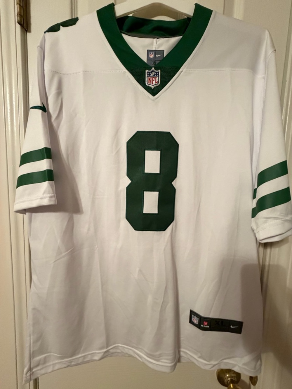 NFL White Jersey with Green Number 8 and Stripe Accents